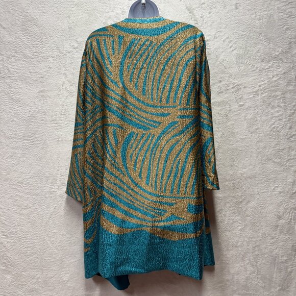 Chico's By Travelers Rev Crushed Zebra Duster Womens 3 Turquoise Gold Open Front - Picture 4 of 15